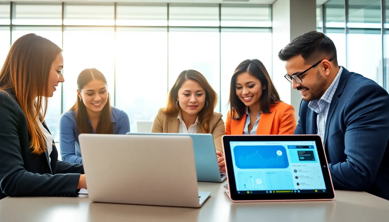 diverse team collaborating on software applications in a modern office.