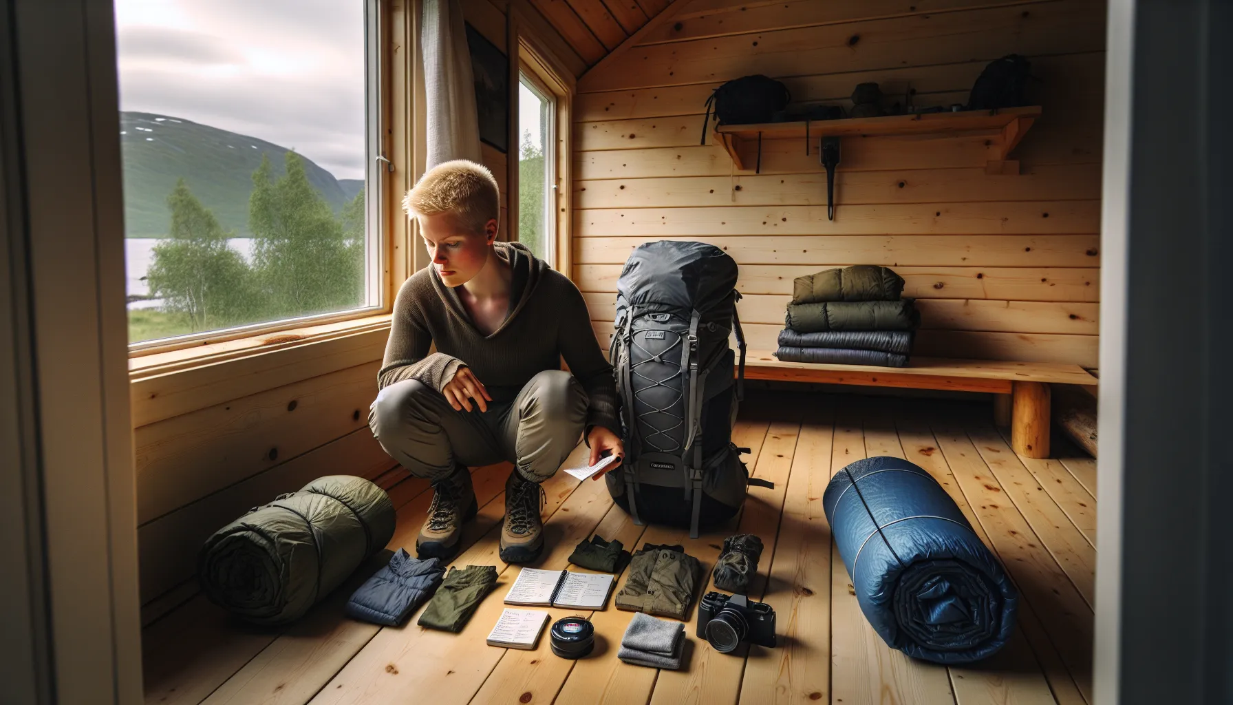 Hvordan optimalisere pakkelisten for minimalistisk friluftsliv 3 Norwegian hiker planning minimalist backpack with separate summer and winter gear piles.