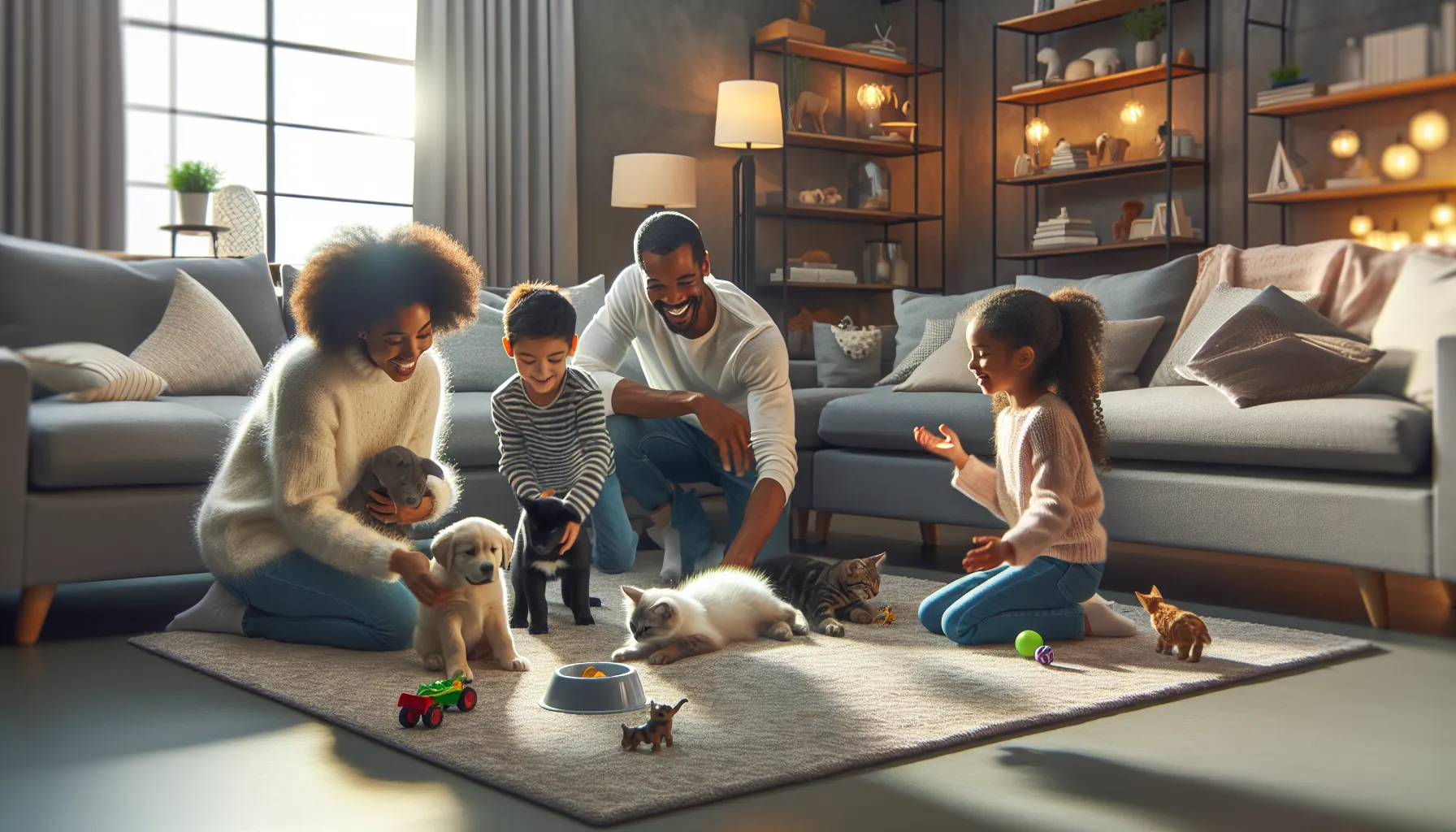 family engaging with a puppy and cat in a cozy living room.