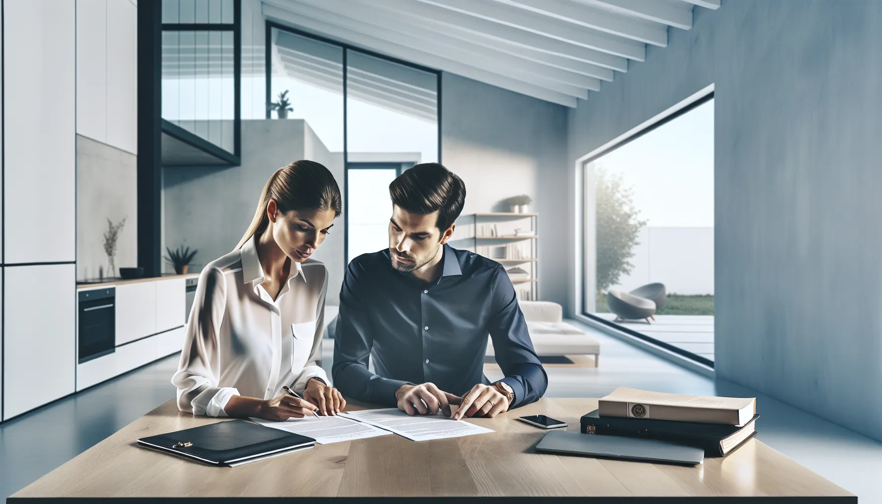Croatian couple reviewing legal property documents in modern office setting