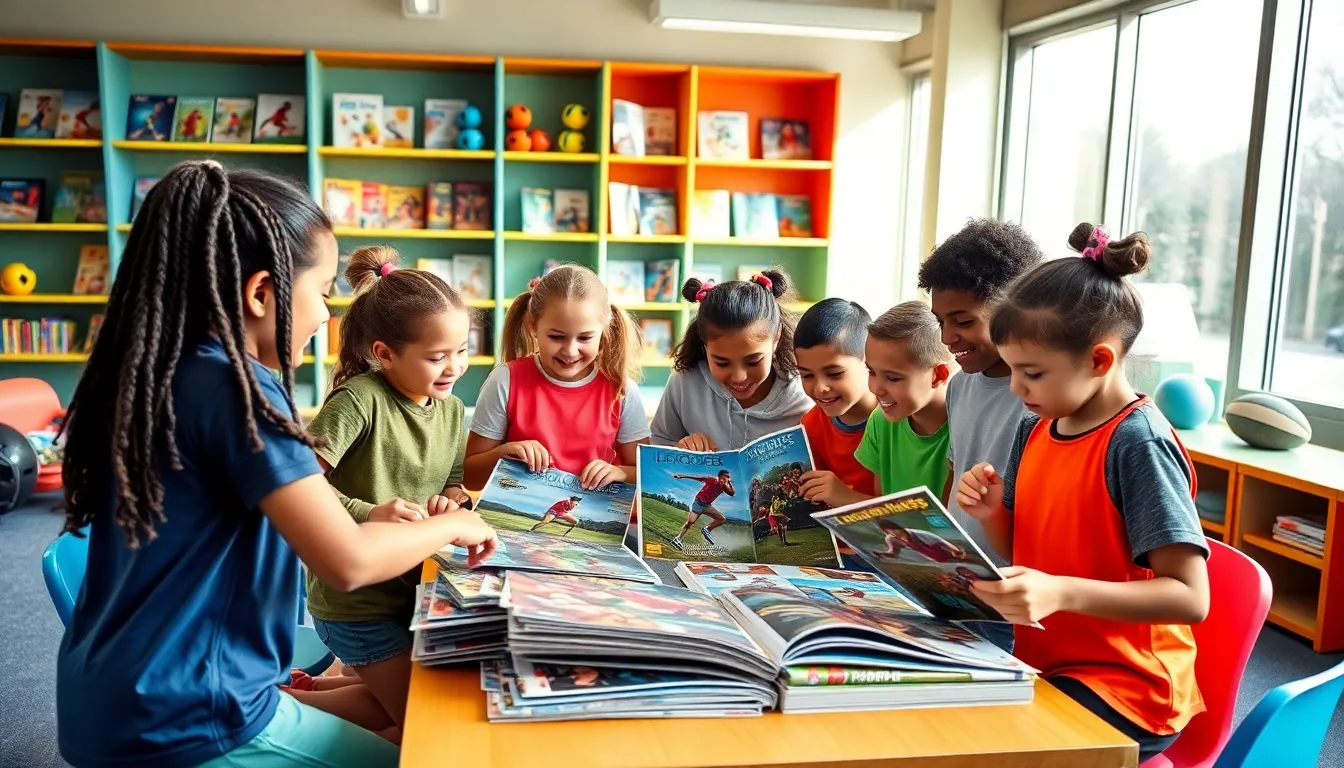 kids exploring sports magazines in a lively reading area.