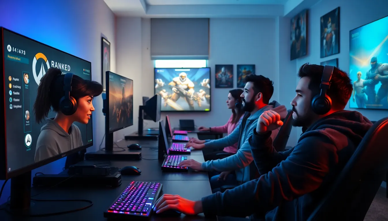 diverse gamers strategizing in a competitive Overwatch ranked match.