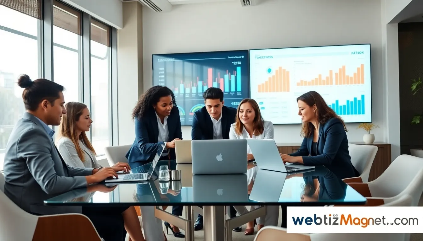 diverse team collaborating on data-driven business insights in an office setting.