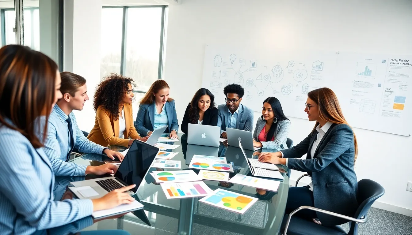 diverse team brainstorming digital marketing strategies in a modern office.