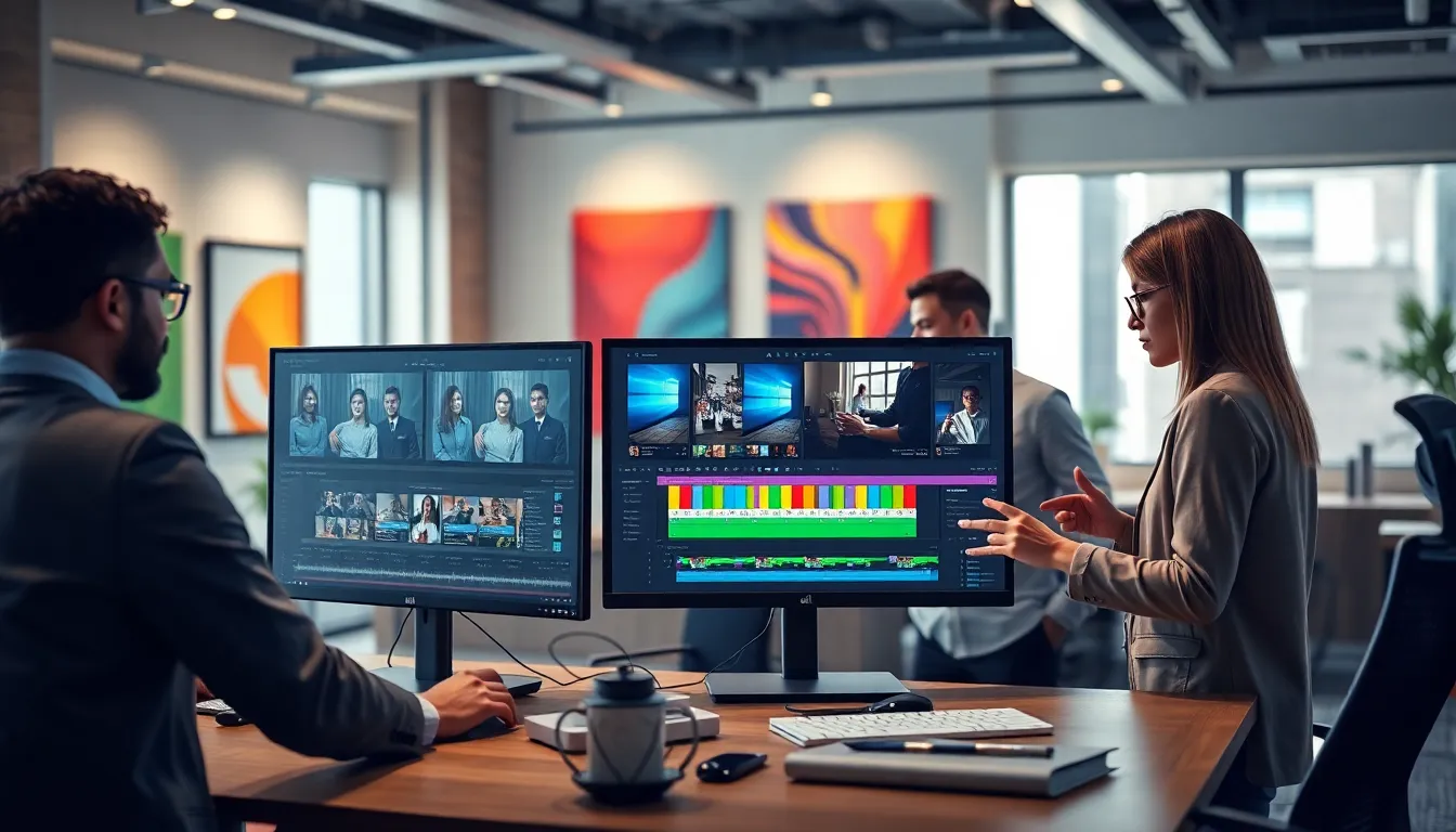 diverse team collaborating using Avid editing software in a modern office.