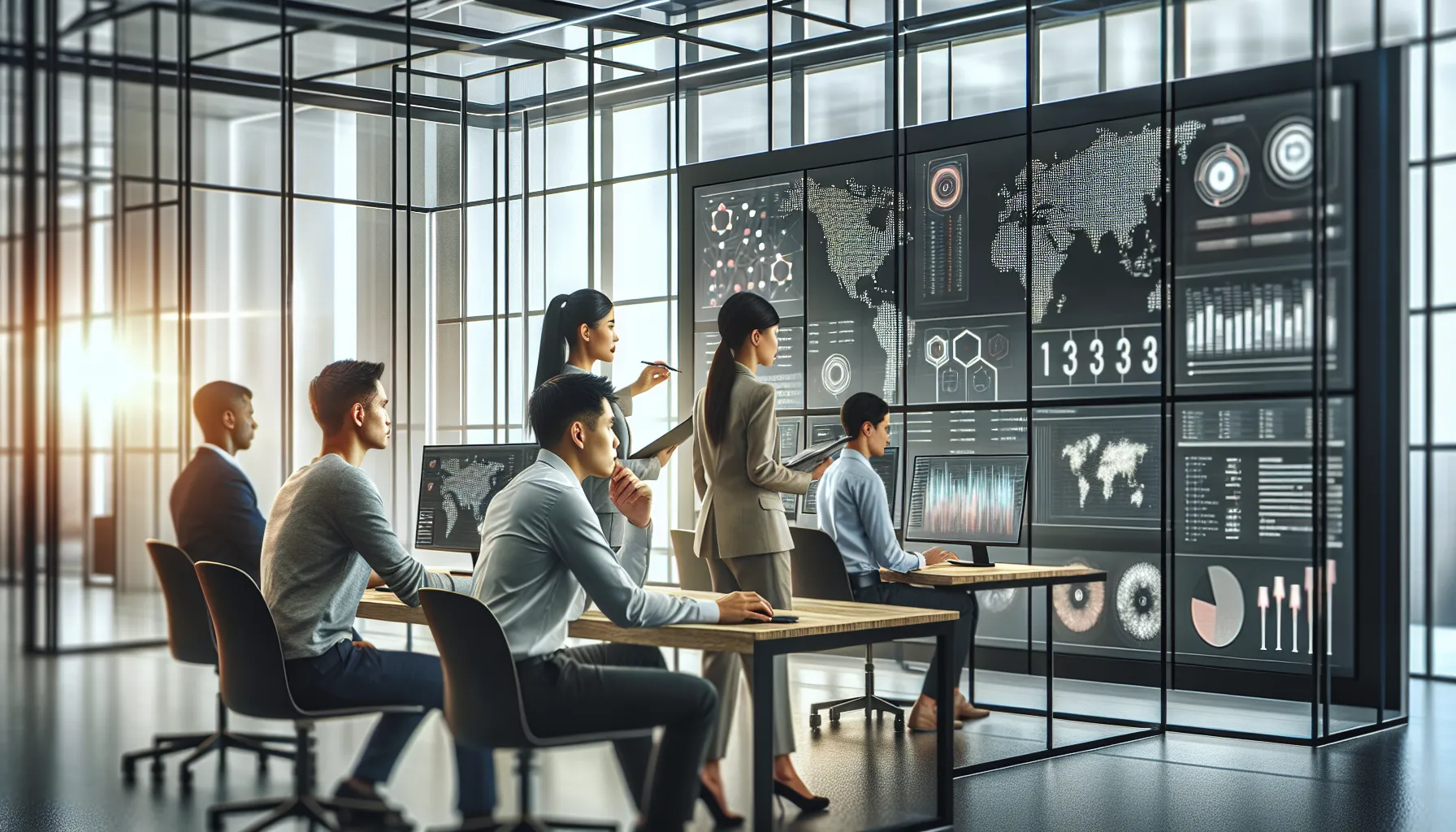 diverse team analyzing data in a modern office setting.