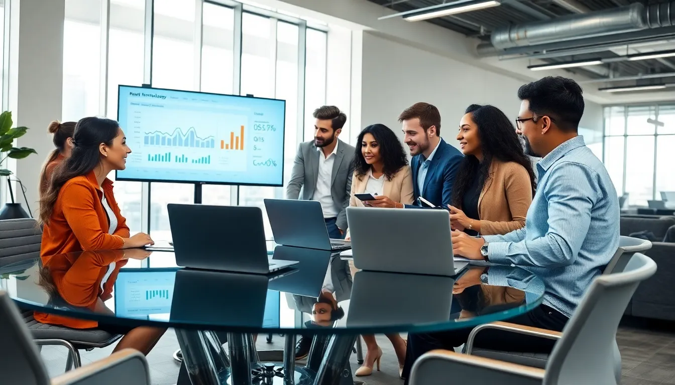 diverse team discussing business technology in a modern office.