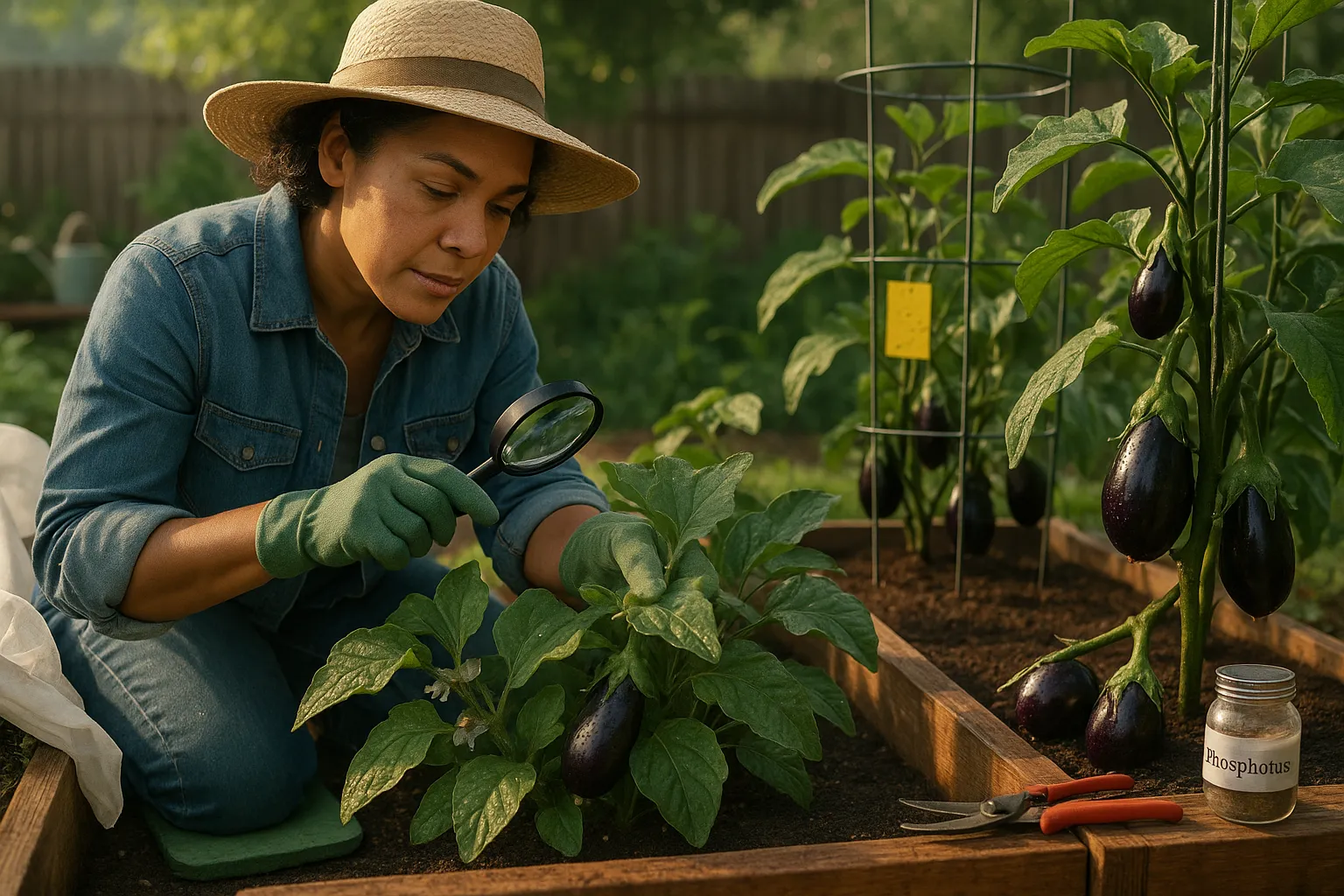 Gardener inspecting compact aubergine plants beside taller, cage-supported standards.