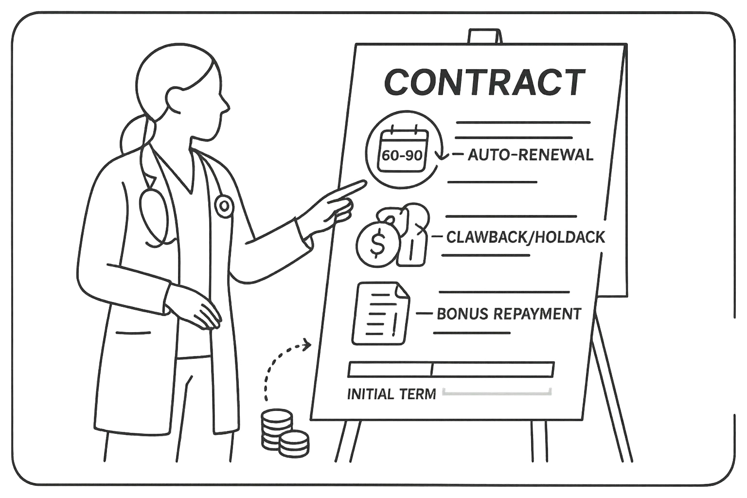 Physician assistant examining a contract showing calendar, clawback, and bonus repayment.