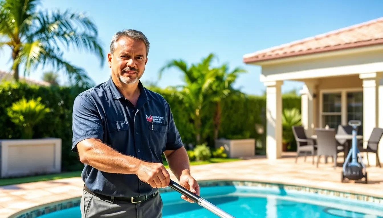 Pool technician skimming debris from a clear residential pool.
