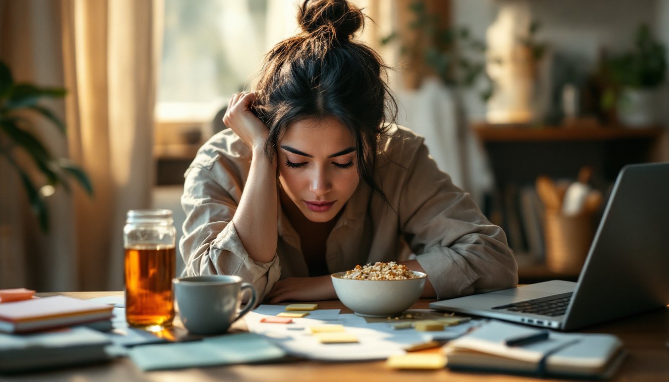 A tired woman resting her head at a cluttered desk in afternoon light.