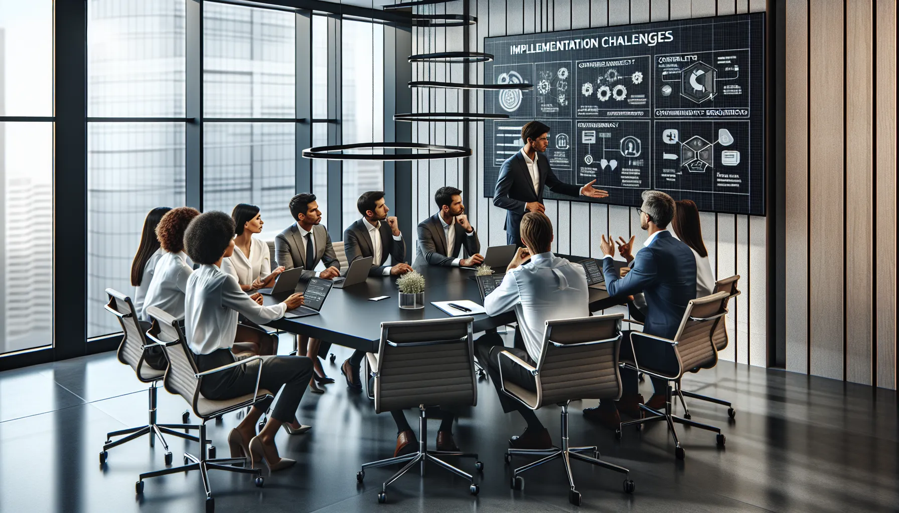 diverse professionals discussing implementation challenges in a modern office.
