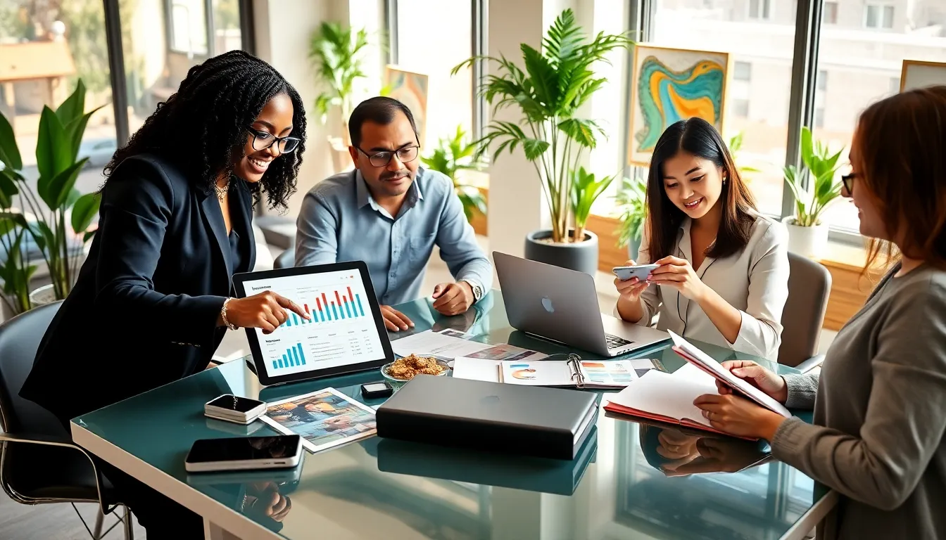 three professionals collaborating in a modern office on digital marketing strategies.