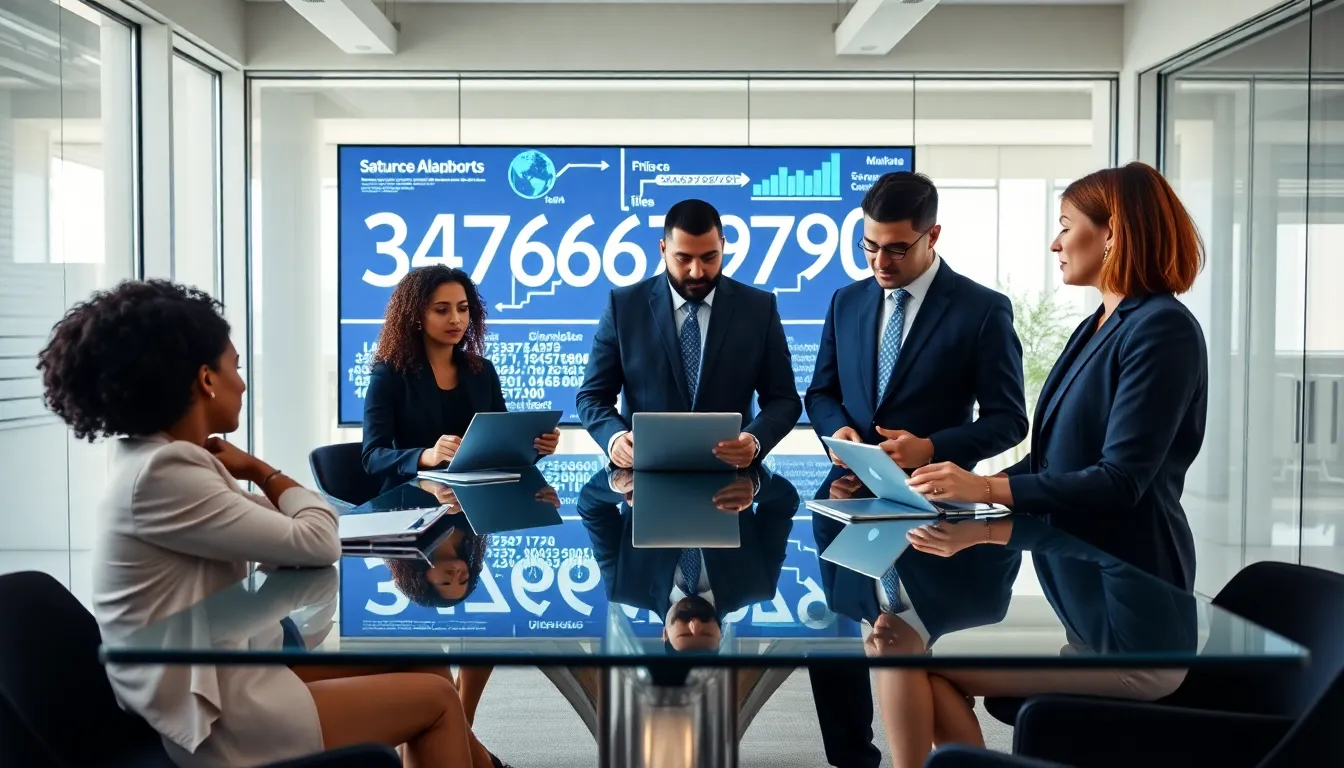 diverse team discussing data in a modern office.