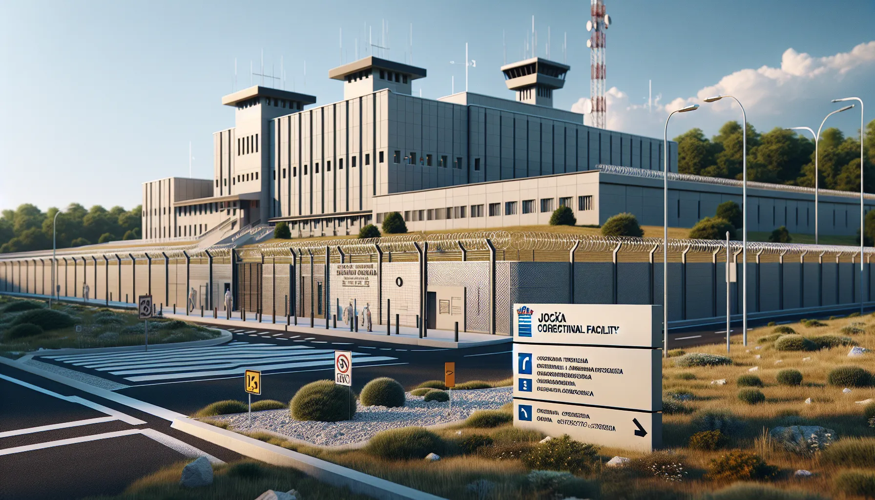 Croatian correctional facility exterior with informational signage and secure entrance