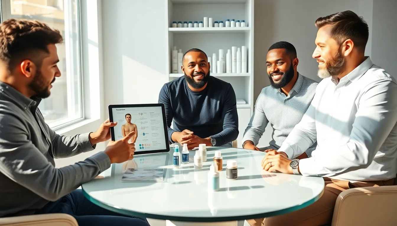 diverse men discussing skincare types in a modern office