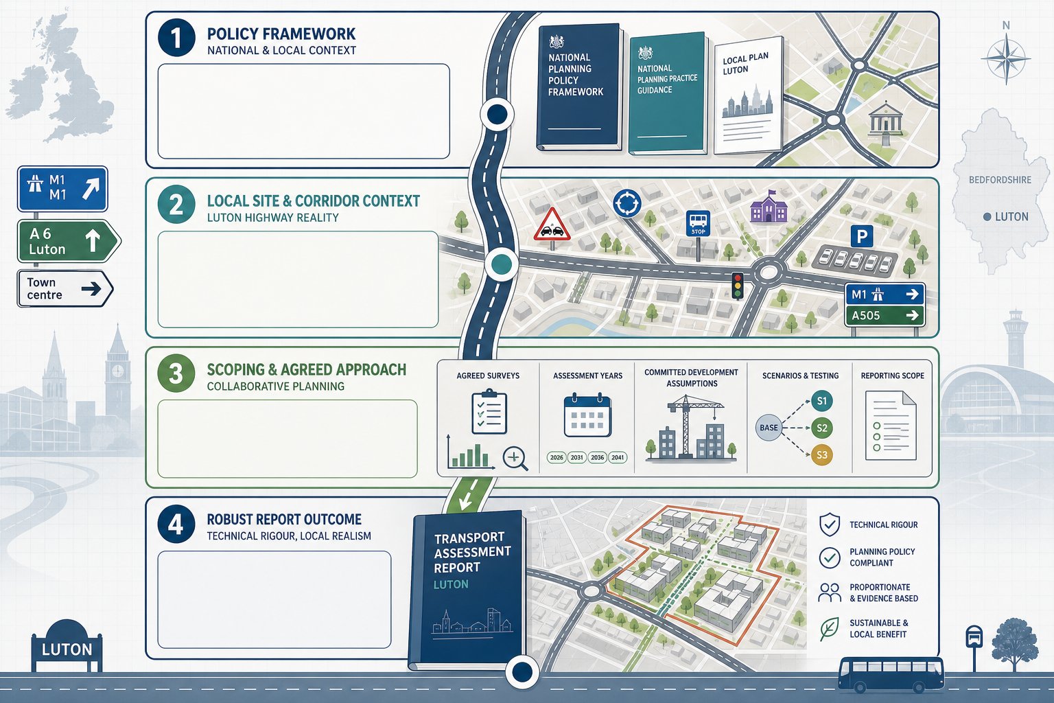 Infographic showing how local planning and highways shape transport reports in Luton.
