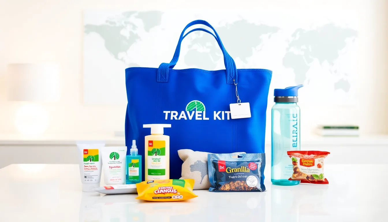 A travel kit filled with budget travel essentials on a modern table.