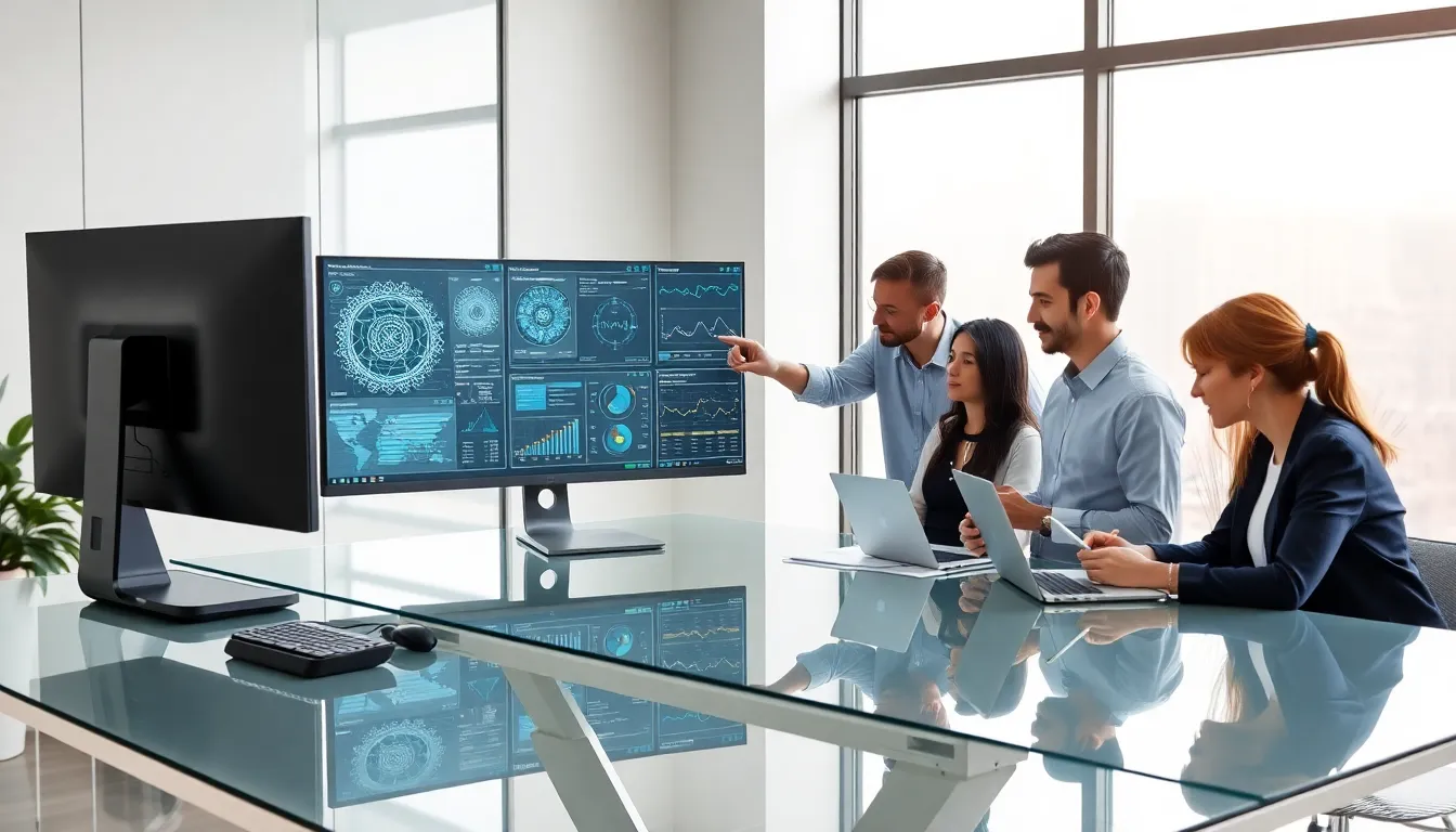 diverse professionals discussing advanced technology in a modern office.