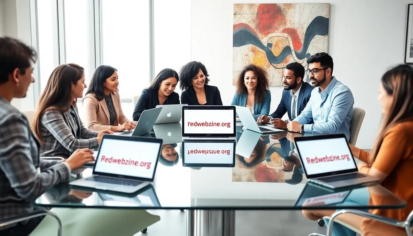 diverse team discussing in a modern office around laptops.