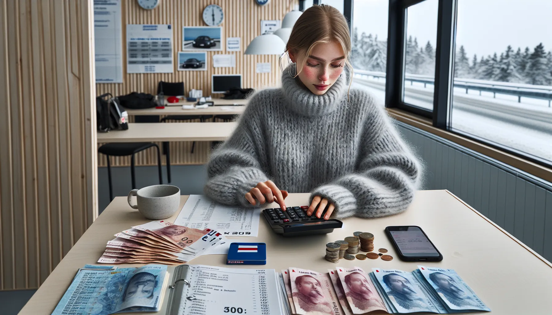 Norwegian student calculates driver’s license costs with NOK cash and calculator.