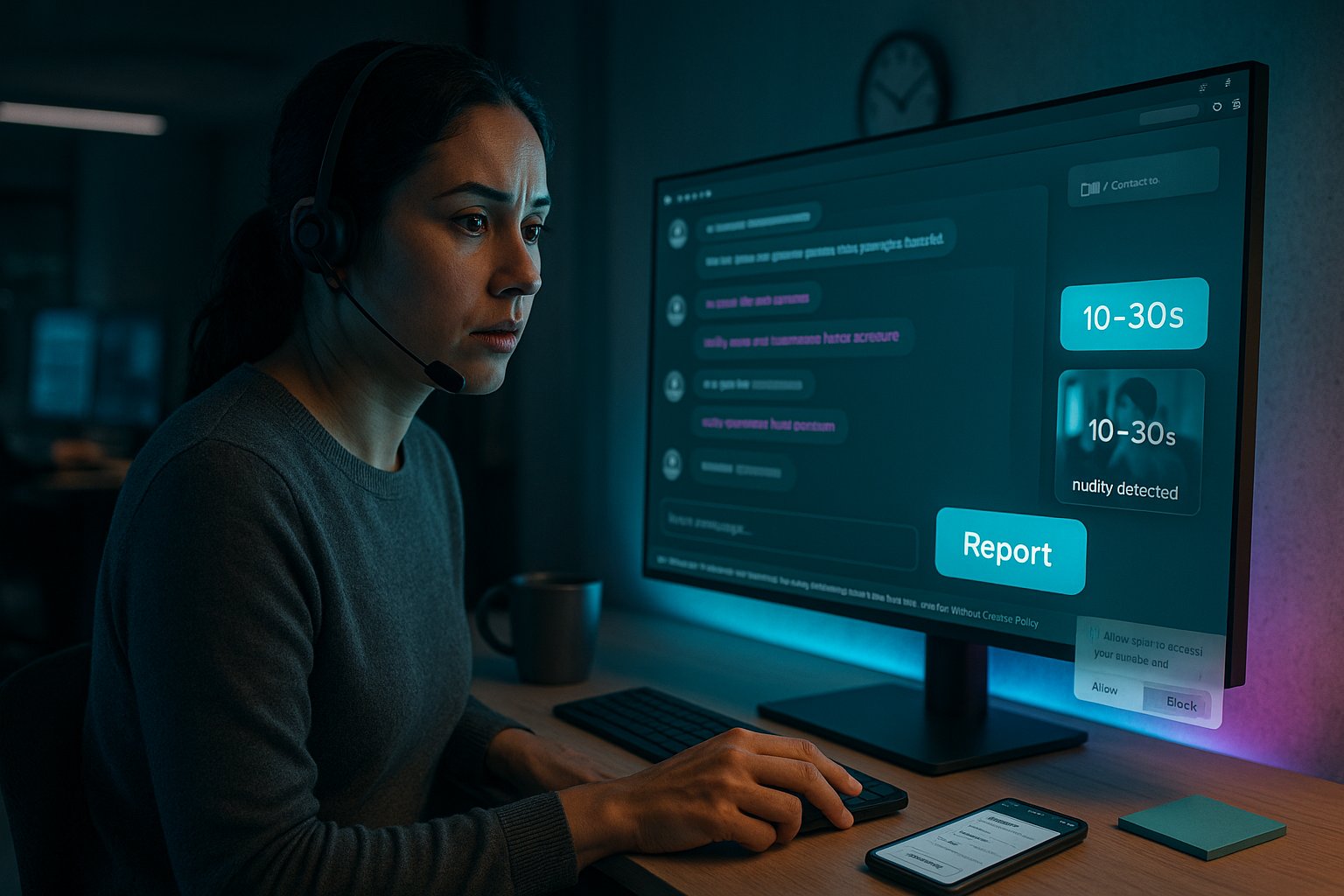Moderator at a desk reviewing a flagged chat with visible report and privacy UI.