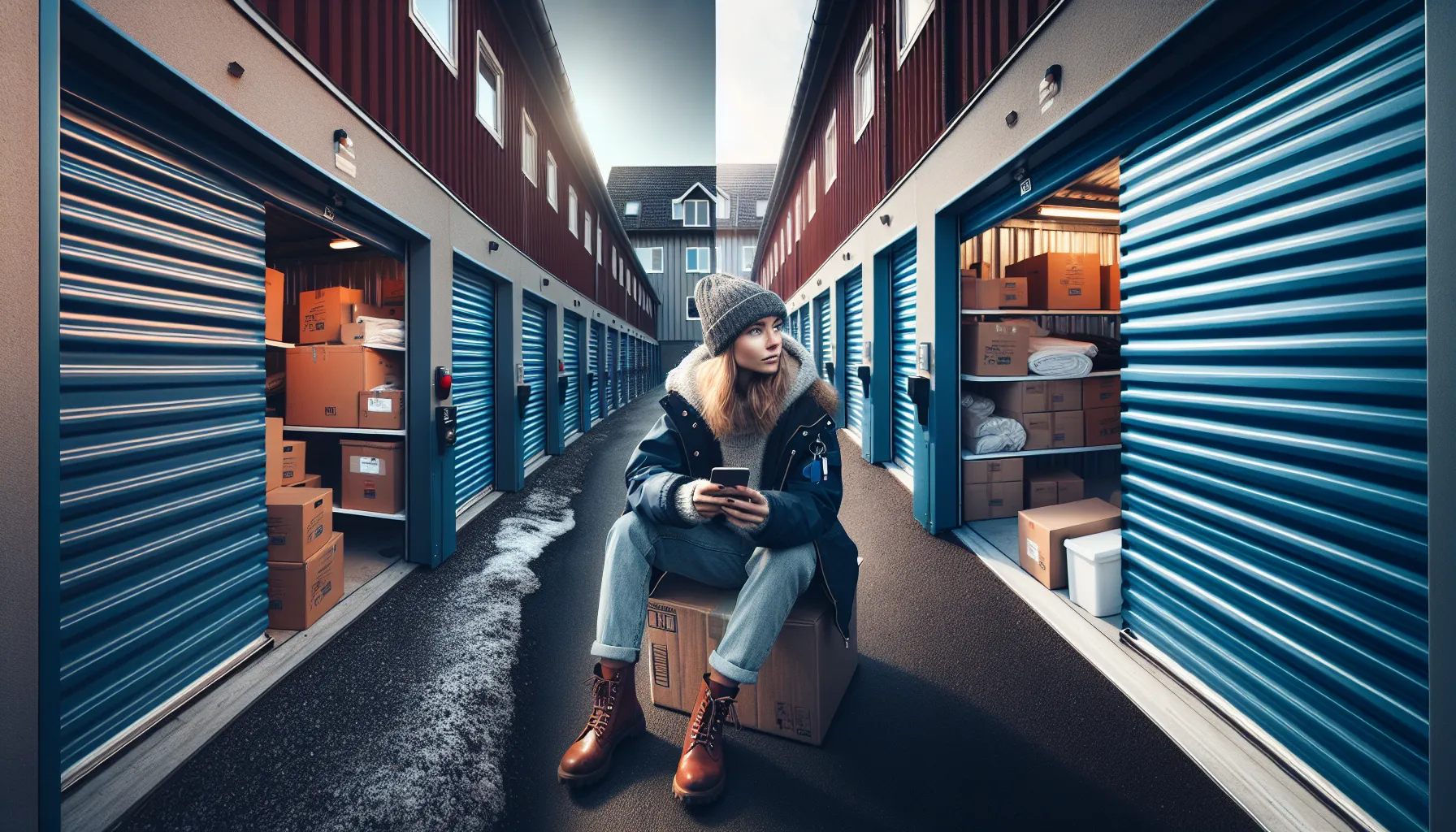 Norwegian woman choosing between indoor self-storage and a driveway mobile container.