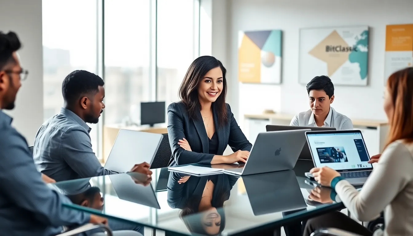 Stacy Klinger leading a diverse team in a modern office setting.