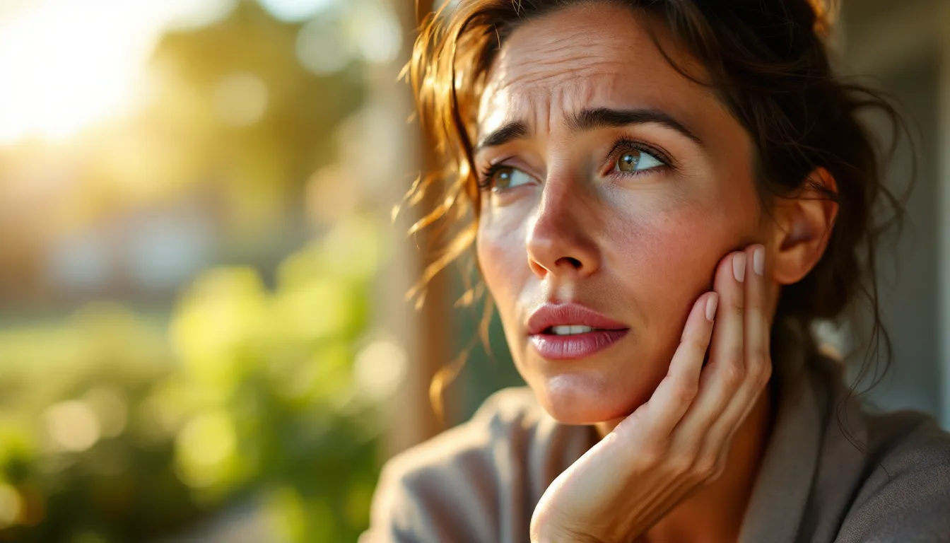 Woman touching sun-exposed skin on a porch with coconut oil nearby.
