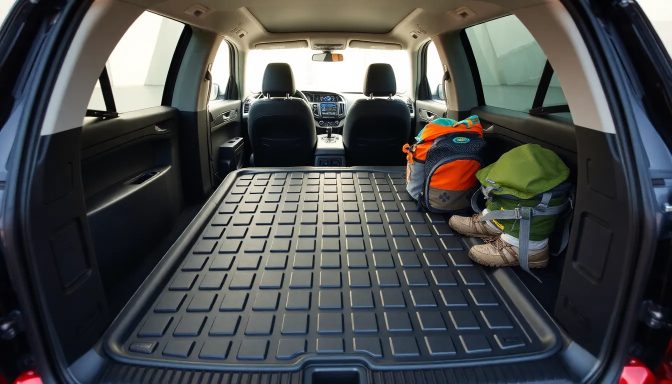 modern vehicle interior with WeatherTech Cargo Tech mat and outdoor gear.