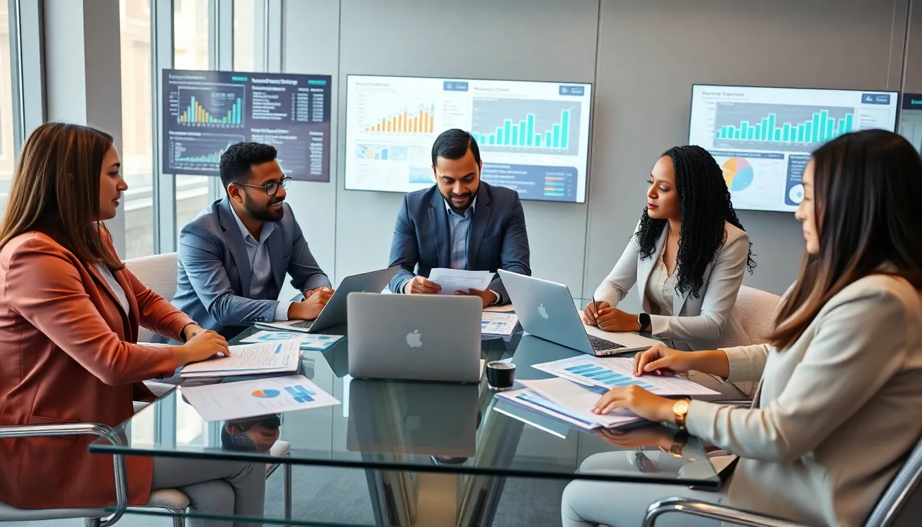 diverse accountants discussing construction project finances in a modern office.