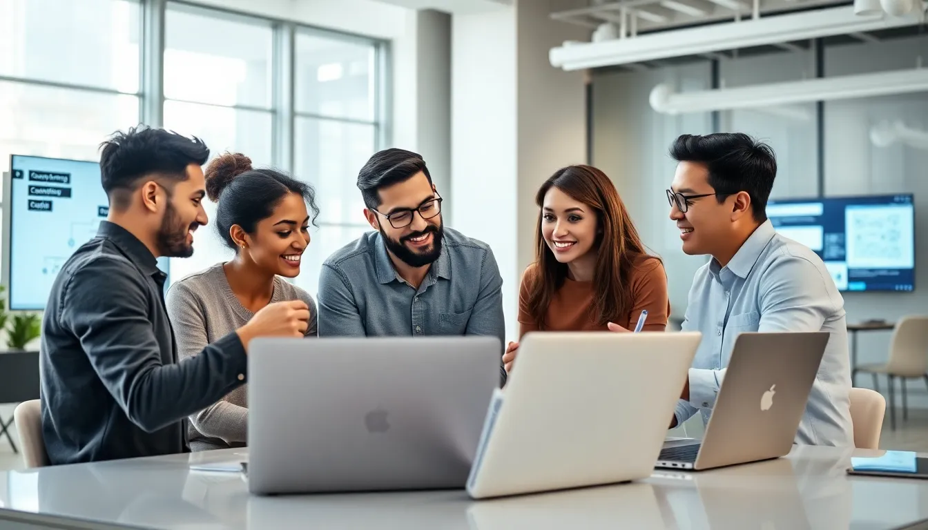 diverse developers collaborating in a modern tech office.