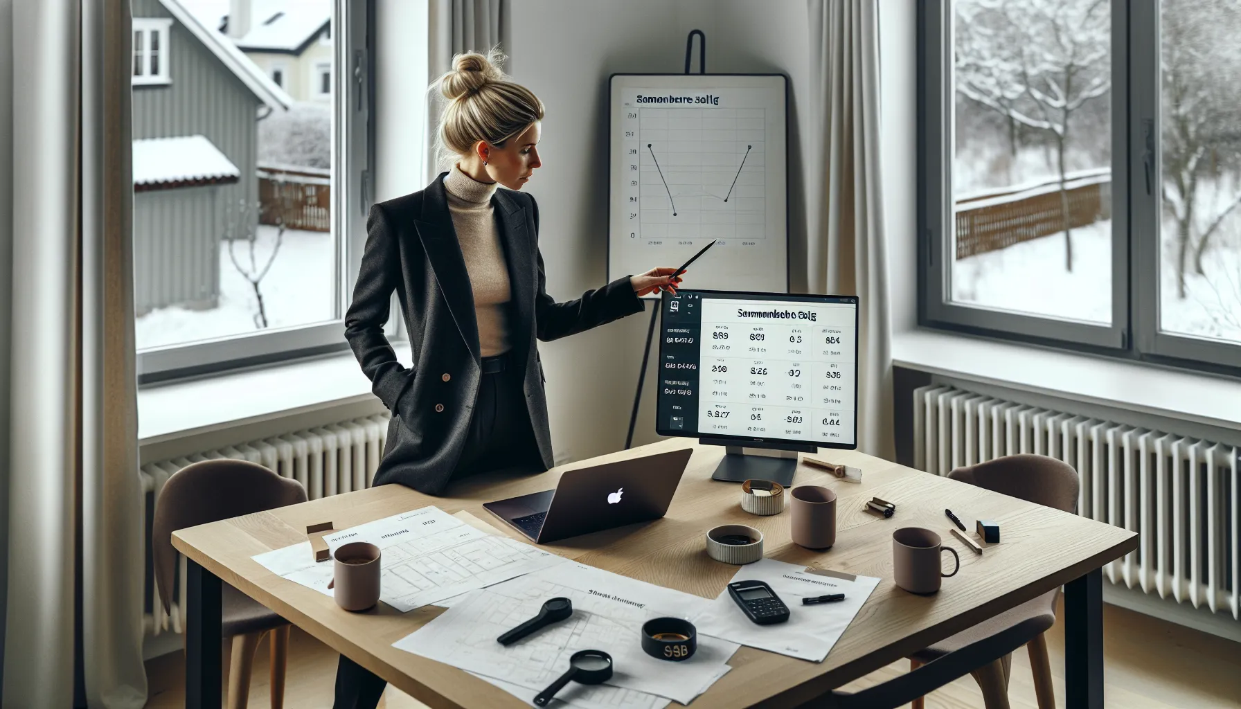 Norwegian realtor presents data-driven pricing strategy to homeowners in a winter-lit apartment.