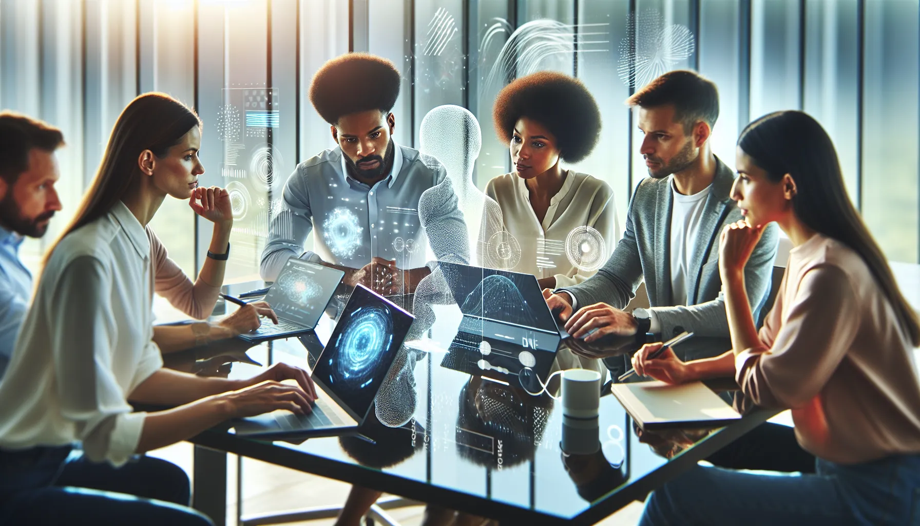 diverse team collaborating on technology innovations in a modern office.