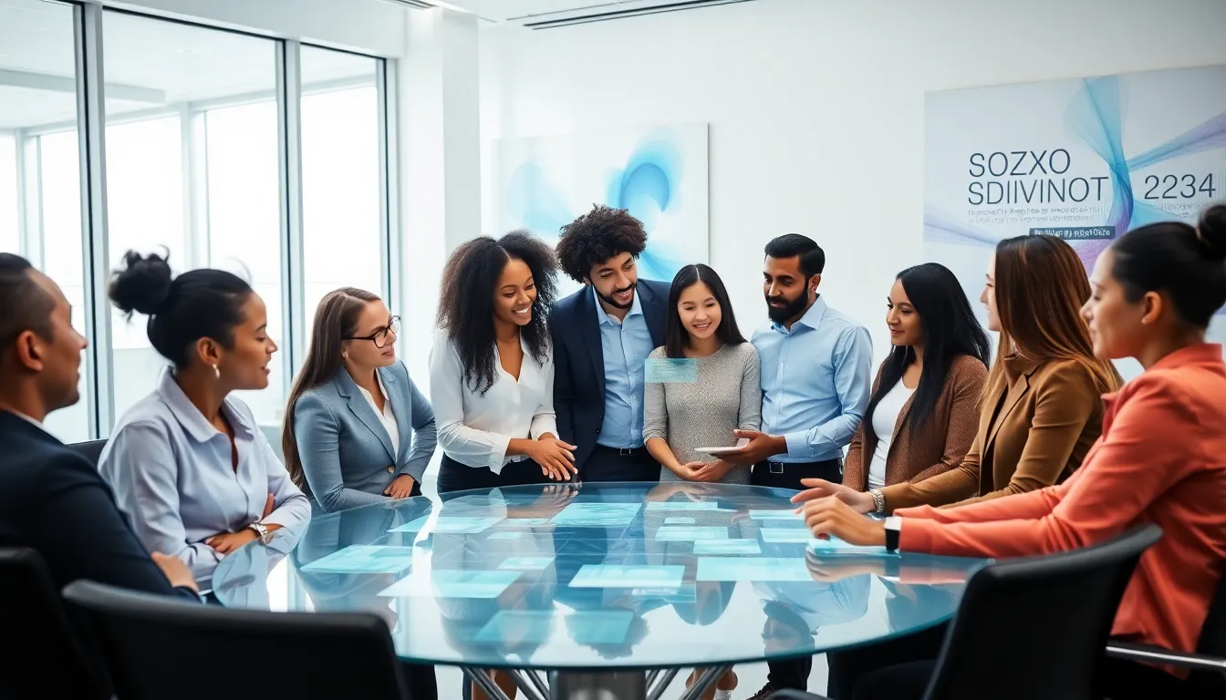 diverse team collaborating in a modern digital workspace.