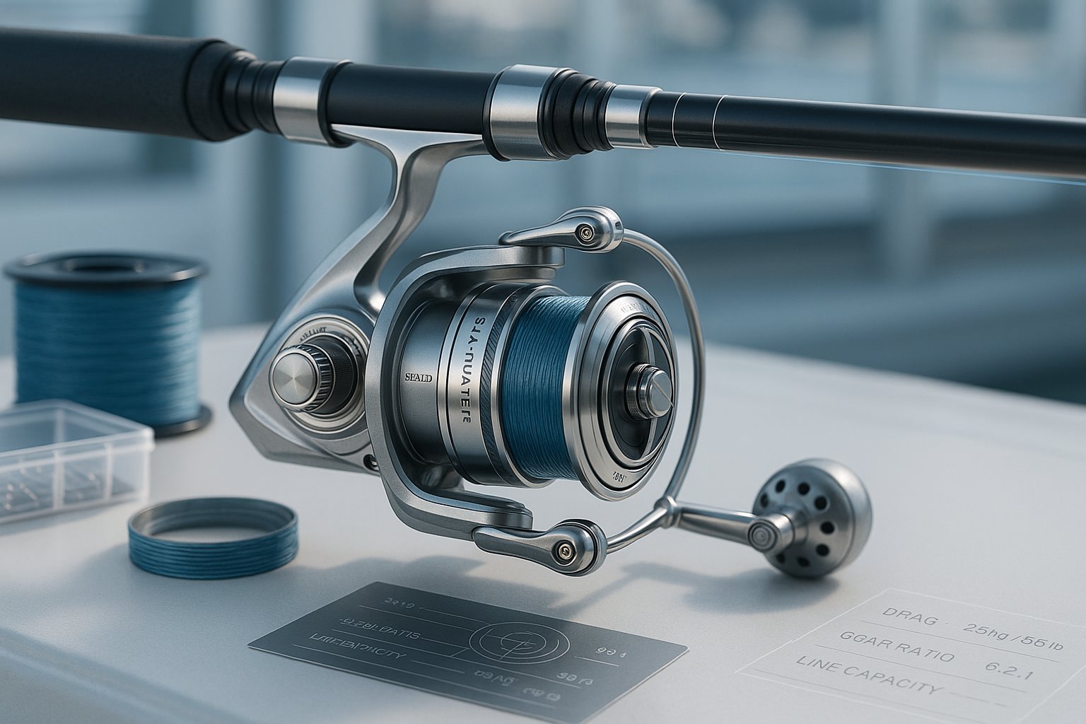 Saltwater spinning reel on a fishing rod with durable marine components.