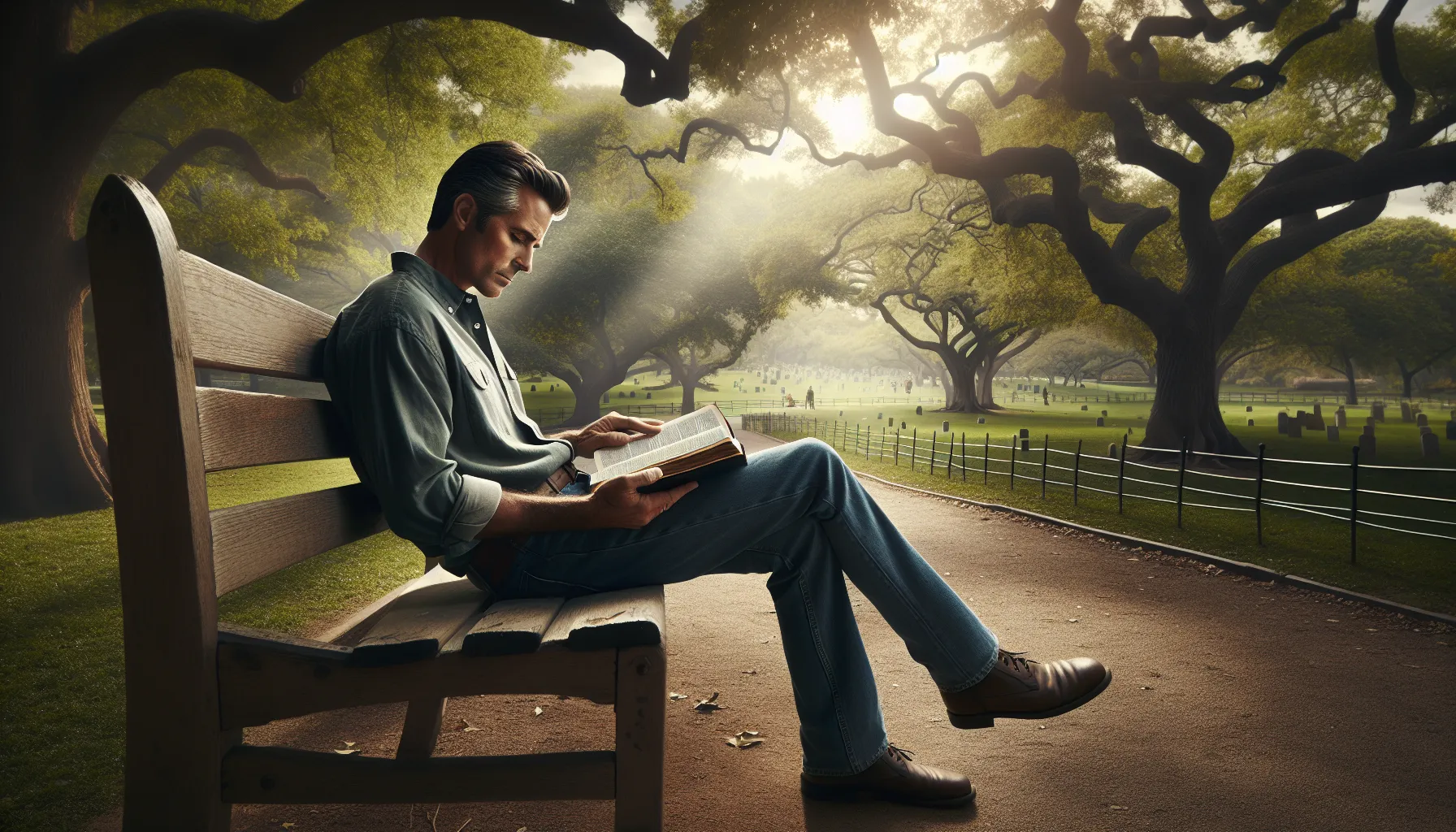 A man reading the New Testament in a serene park.