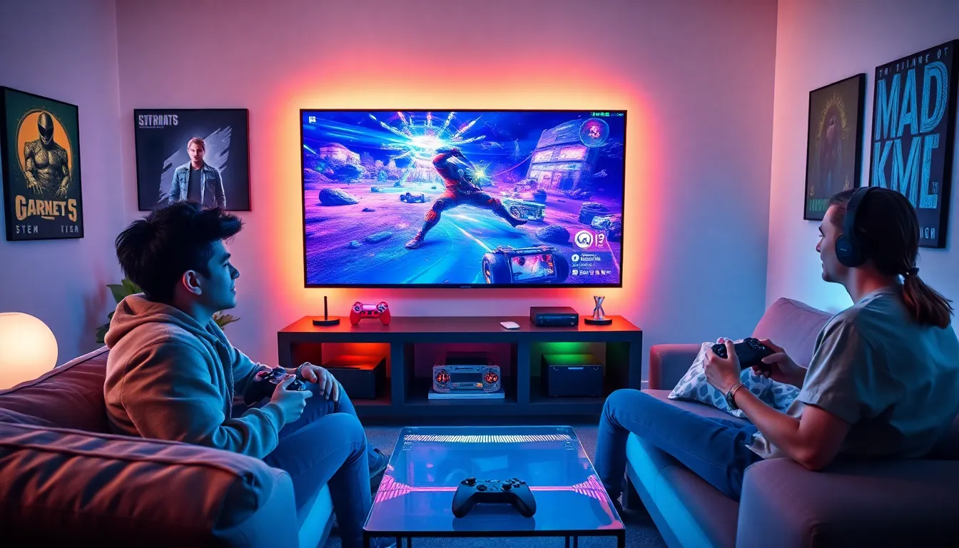 diverse group enjoying an immersive gaming experience in a modern living room.