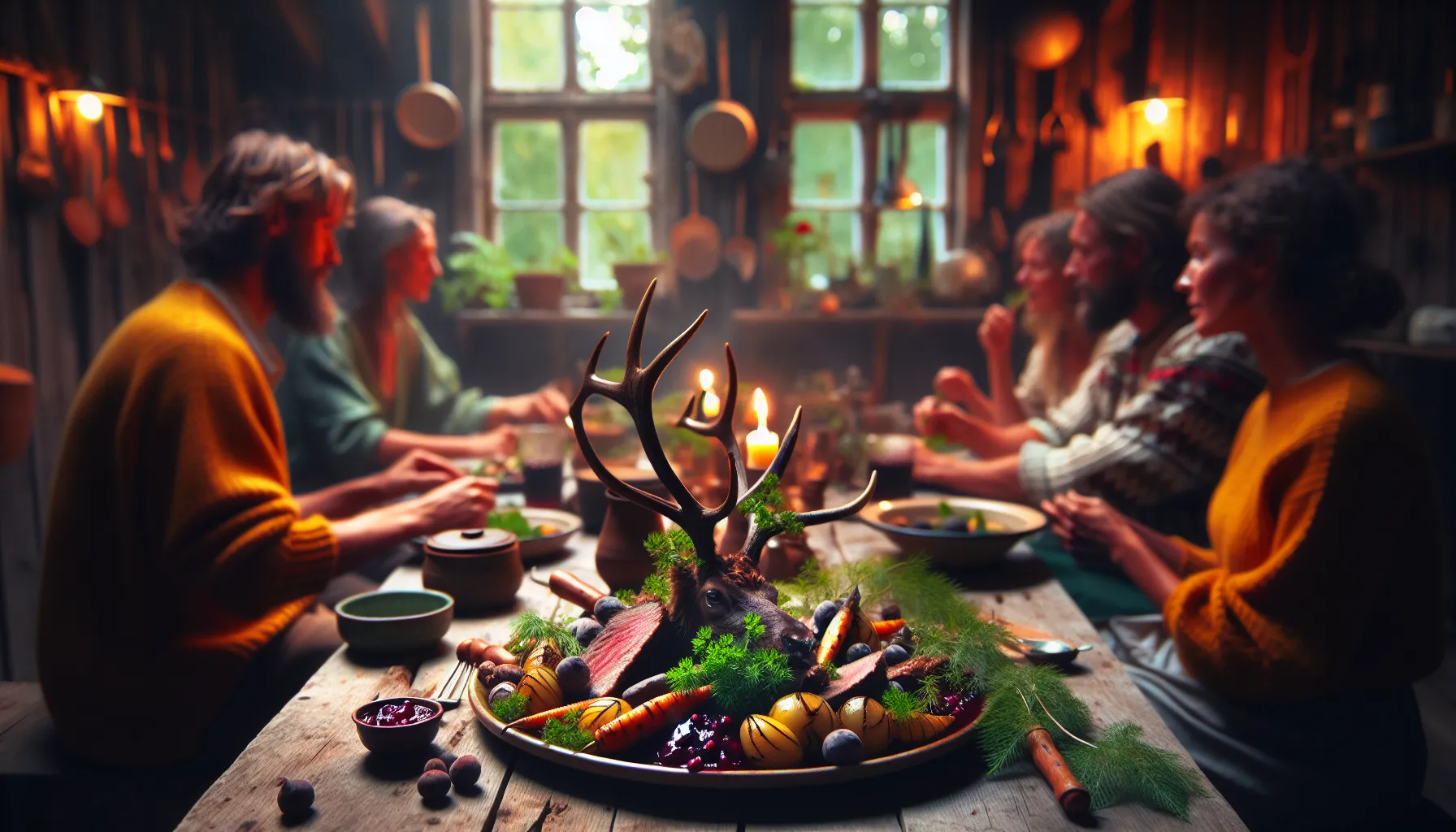 Plate of älgföuga with elk meat and traditional Swedish sides.