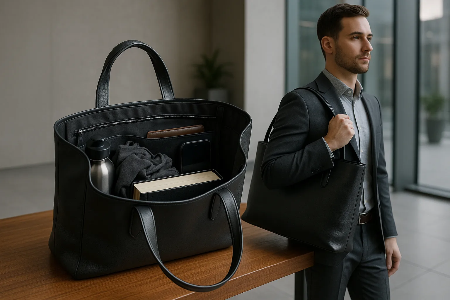 Professional man with a leather tote bag in a modern office lobby.