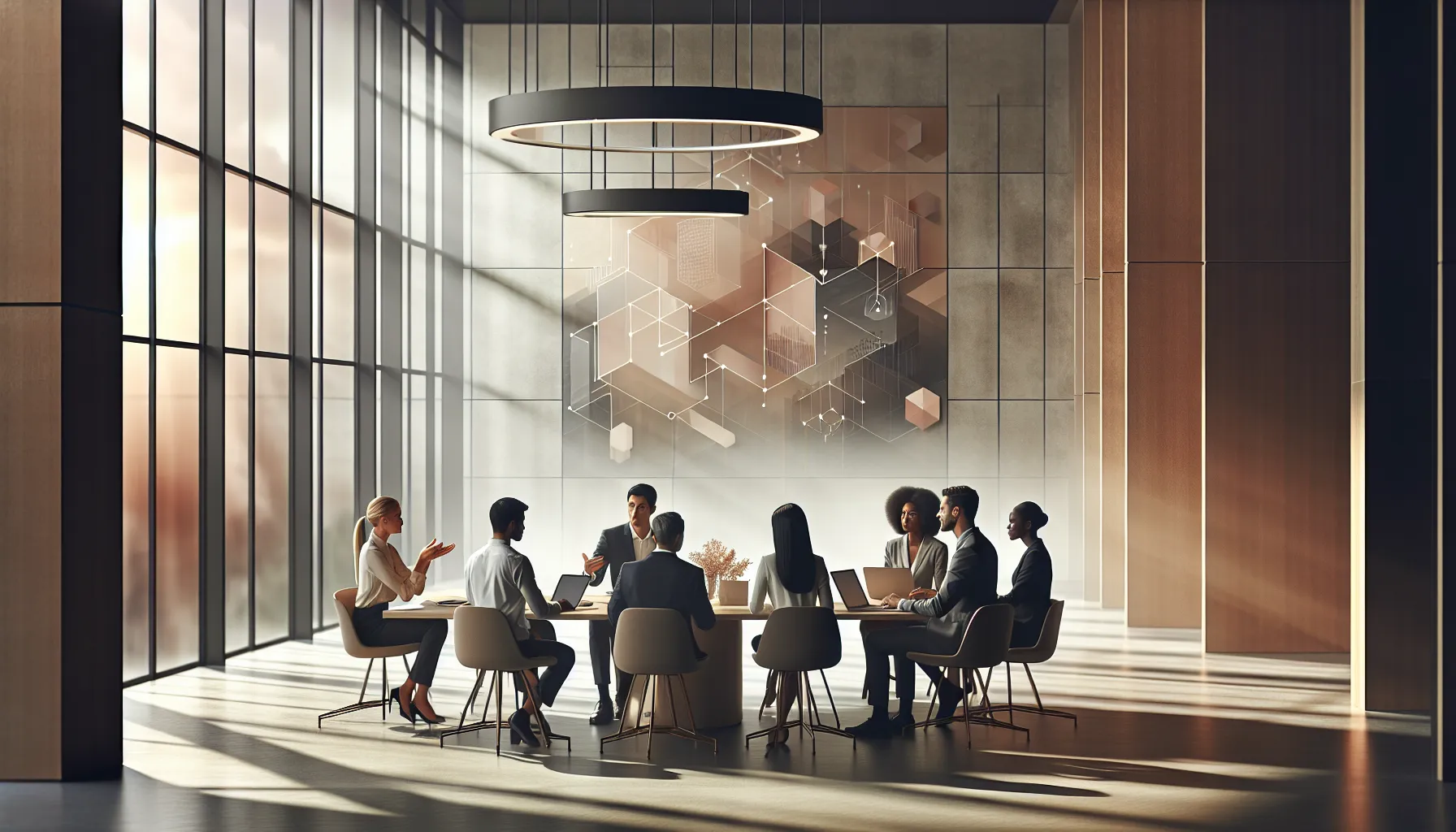 diverse team collaborating in a modern workspace on digital media.