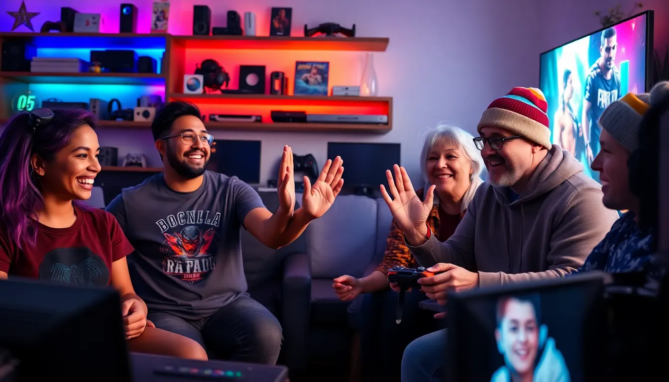 a diverse group of gamers enjoying a gaming session together in a cozy room.
