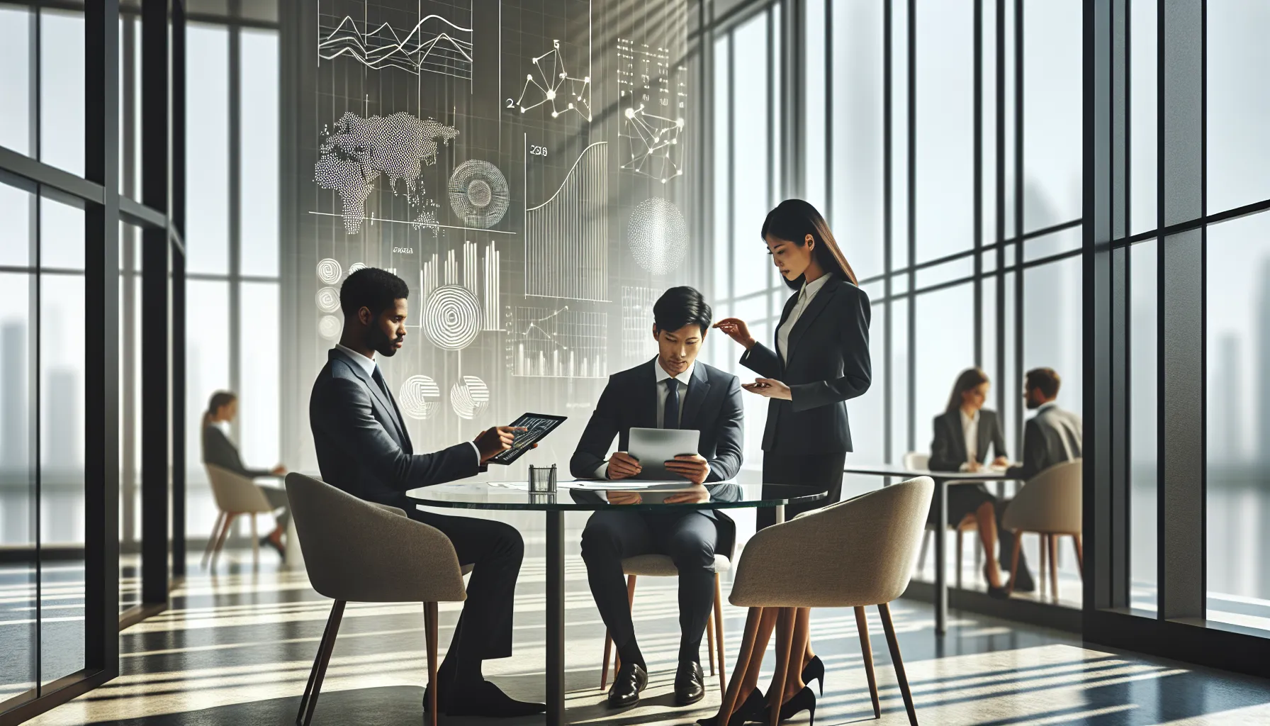 professionals discussing analytics in a modern office setting.