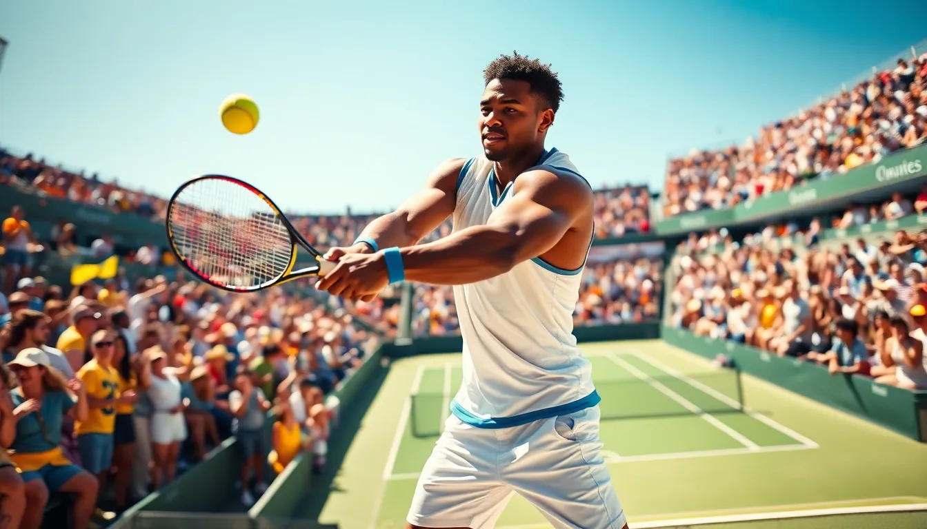 A young tennis player serves in a lively stadium filled with fans.