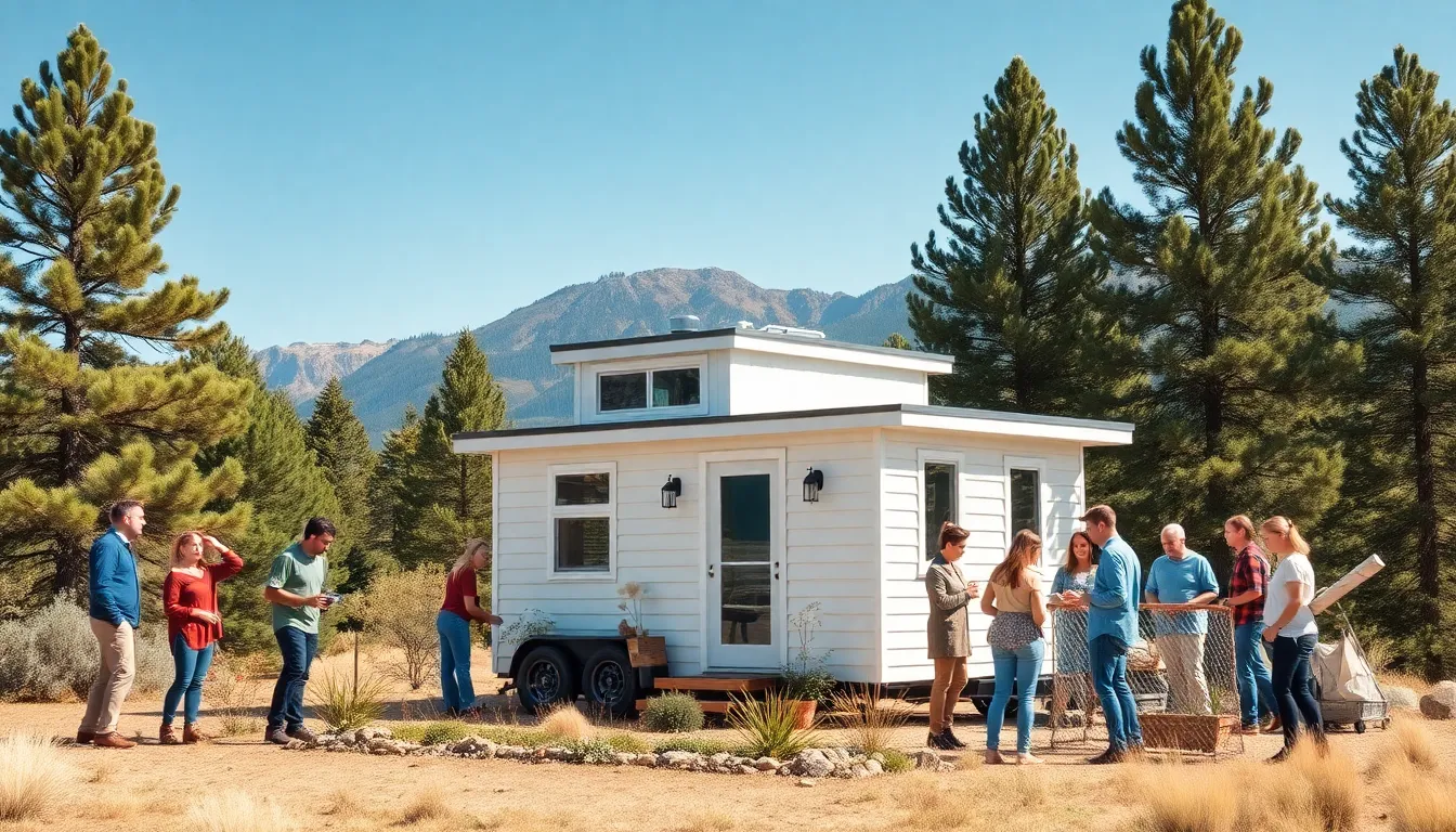 modern tiny home with people engaged in outdoor activities.