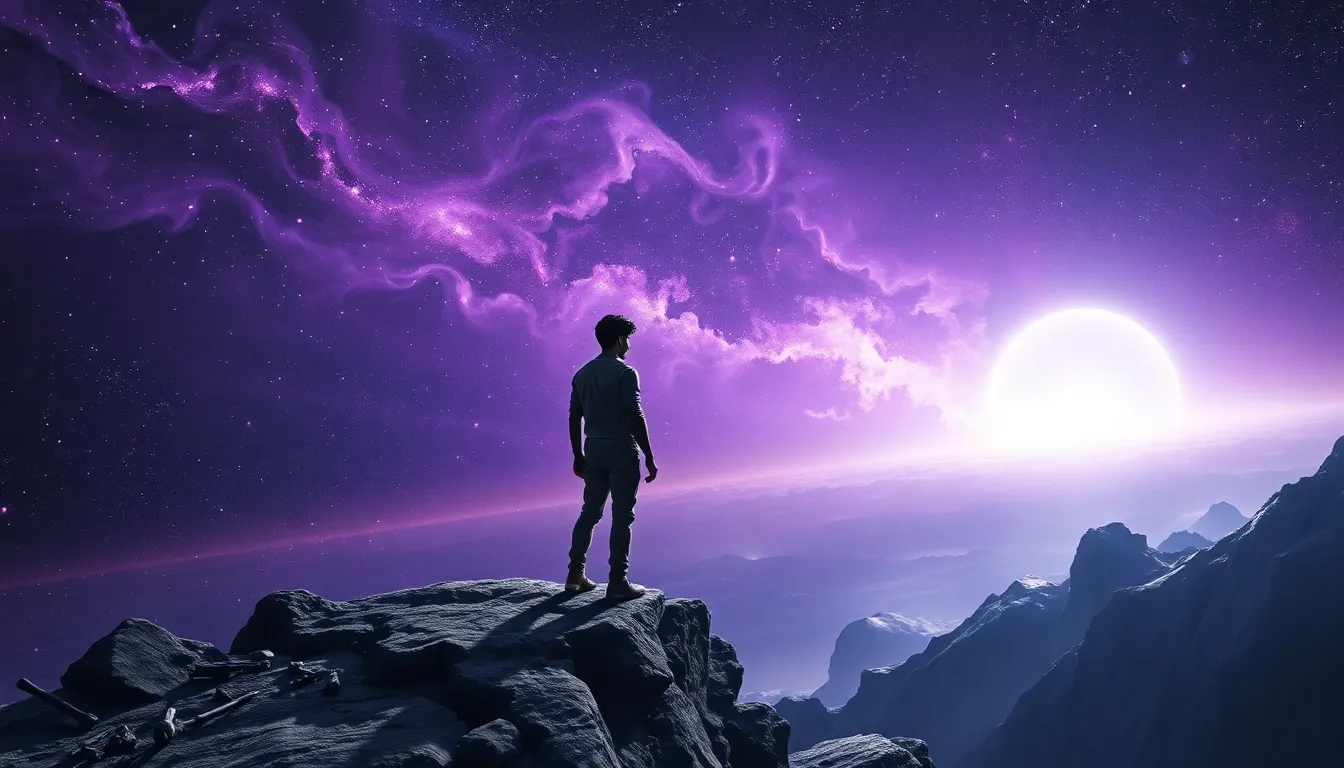 a lone figure on a precipice overlooking a cosmic landscape.