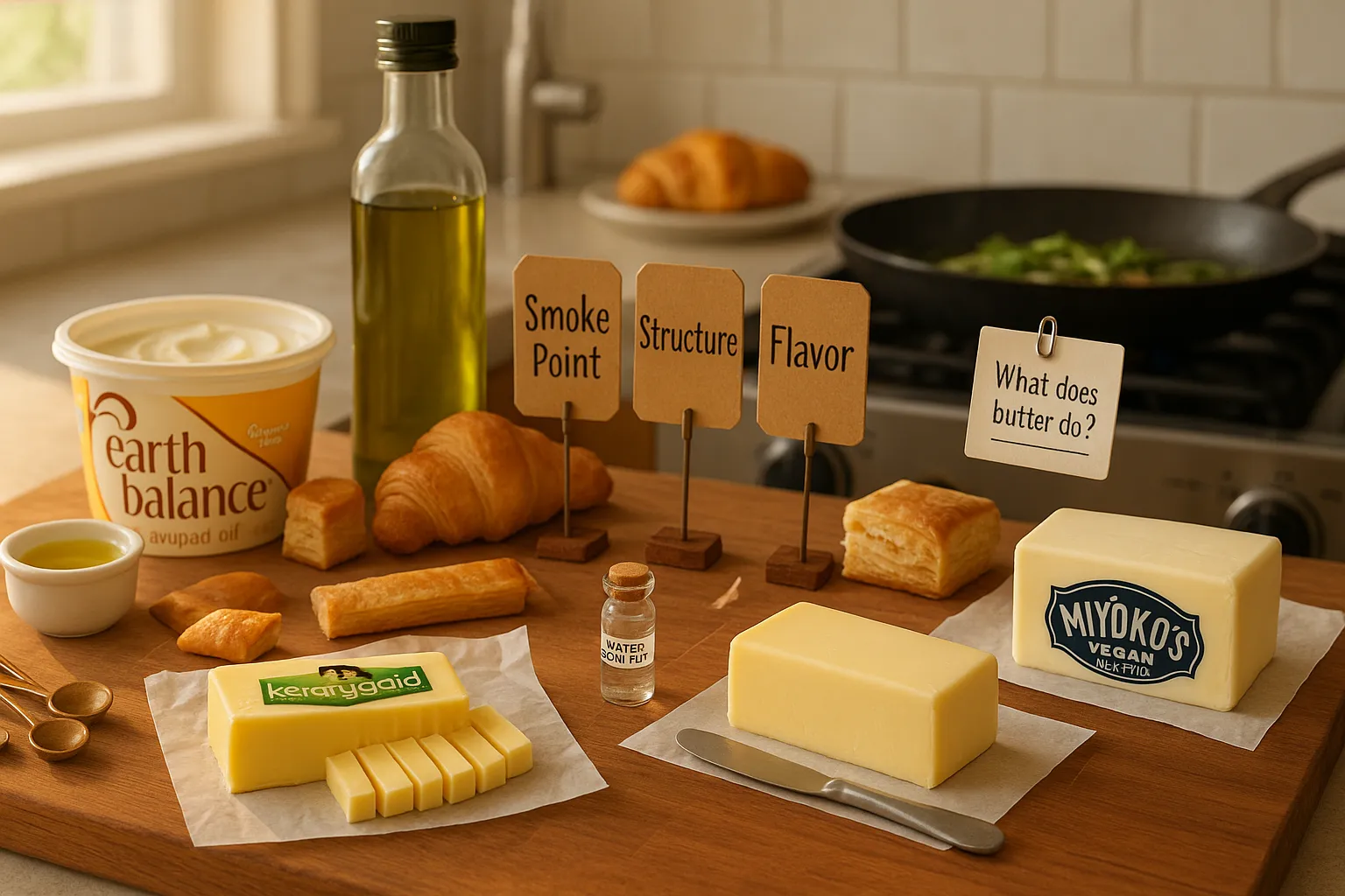 cutting board with butter alternatives, oil, pastry, and labeled decision tags