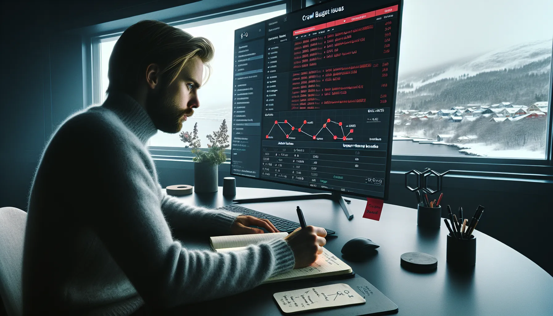 Norwegian seo specialist reviews crawl budget errors and priorities on a monitor.