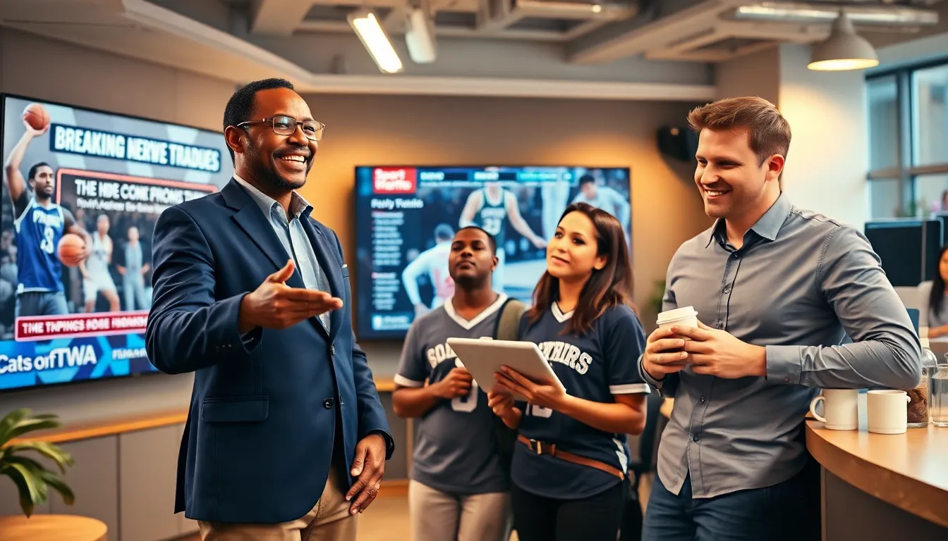 journalists discussing breaking sports news in a lively newsroom.