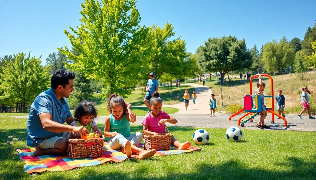 family enjoying a picnic and playing in a local park.